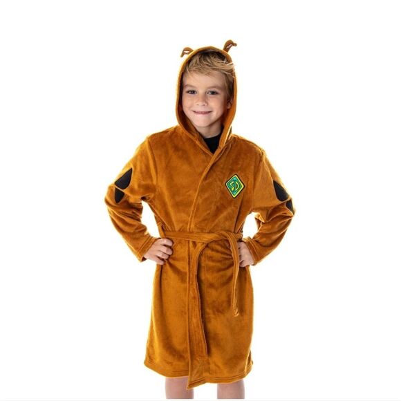 Scooby-Doo Hooded Robe Kids Unisex Fleece Bathrobe Belted Boys Girls Brown Dog - Picture 3 of 15